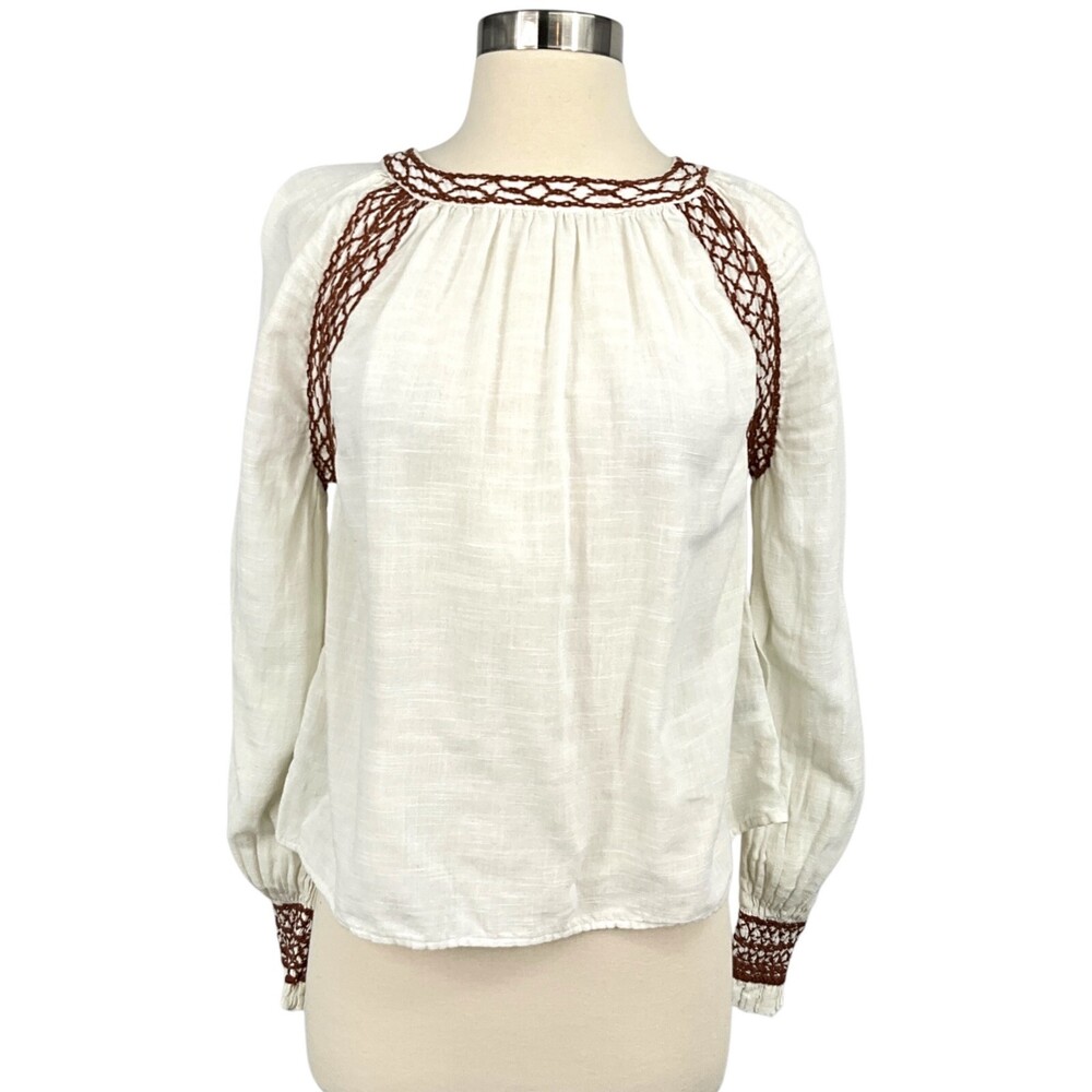 Faherty Arles Blouse Egret White Size M Embroidered Cotton Blend Top Peasant